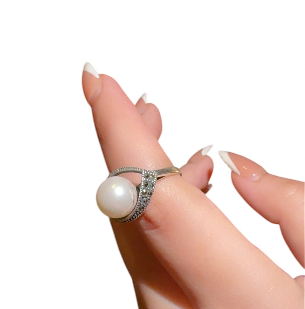 Pearl Stone Marcasite Silver Ring