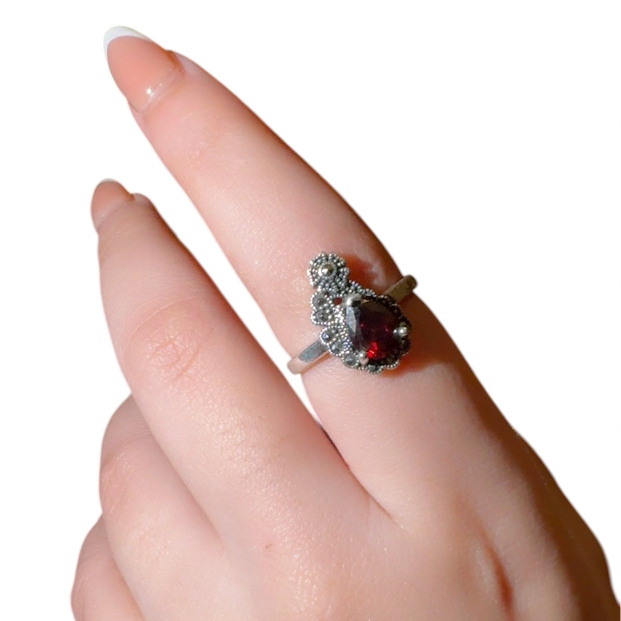 Ruby Stone Marcasite Silver Ring
